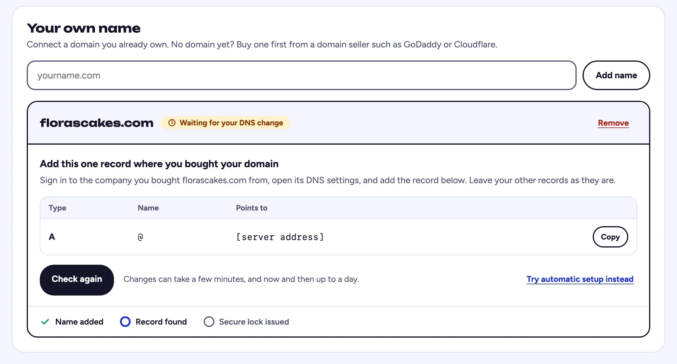 Screenshot: one record with a Copy button.