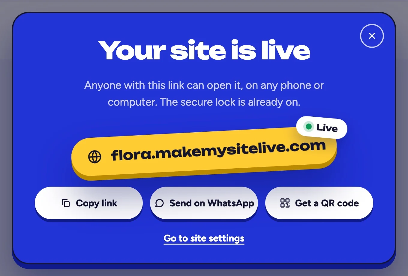 Screenshot: Your site is live, with your address in yellow.