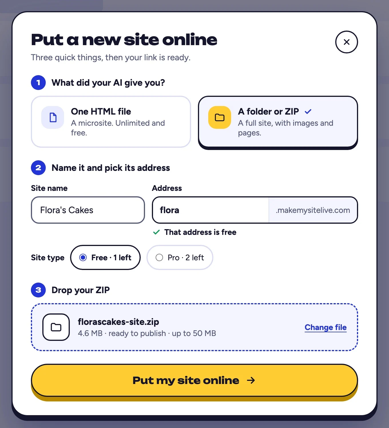 Screenshot: both choices at the top of the Put a new site online window.