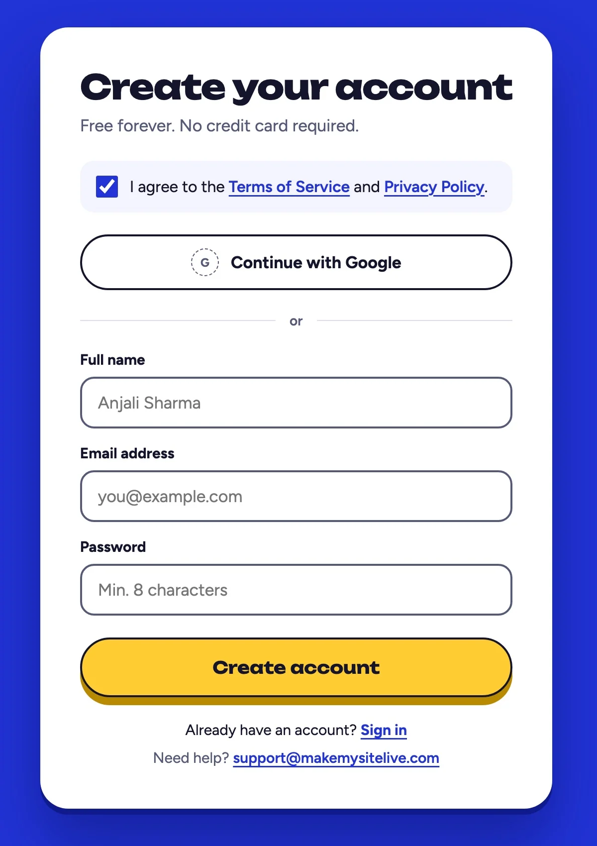 Screenshot: the Create your account page.
