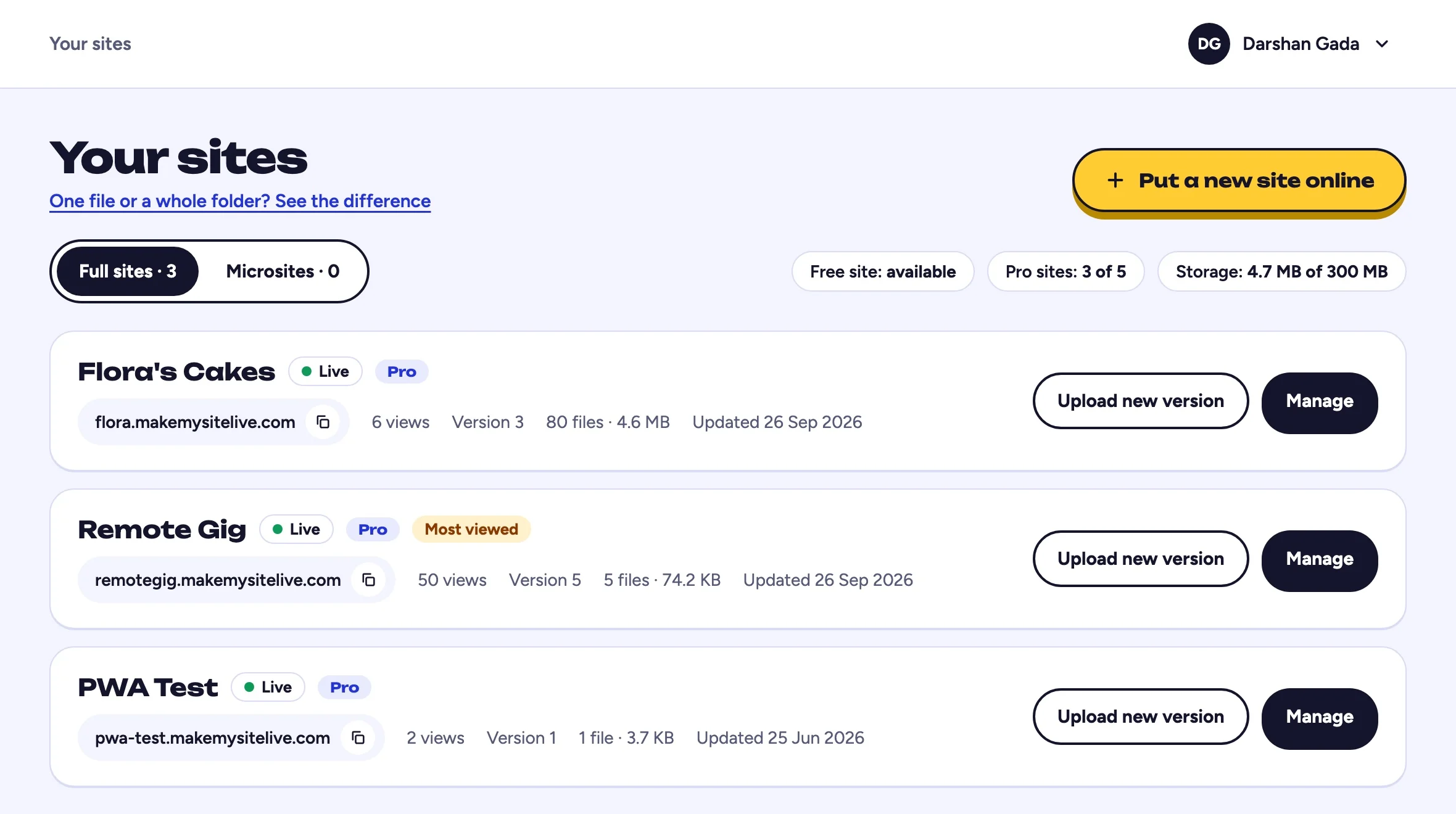 Screenshot: full sites and microsites in two tabs on the same page.