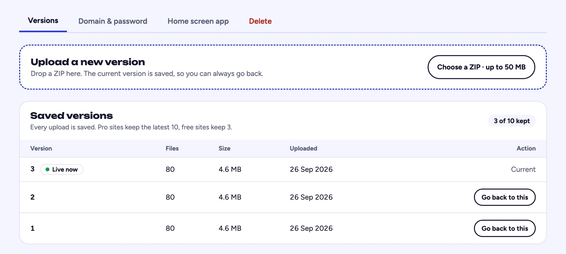 Screenshot: the Domain & password tab on a full site.