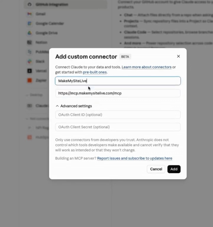 Frame from the video: the Add custom connector dialog in Claude, with MakeMySiteLive and its connector URL filled in