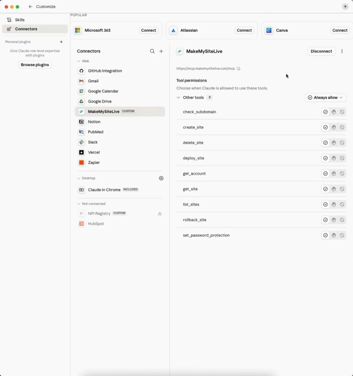 Frame from the video: MakeMySiteLive connected in Claude, with the tools it is allowed to use listed